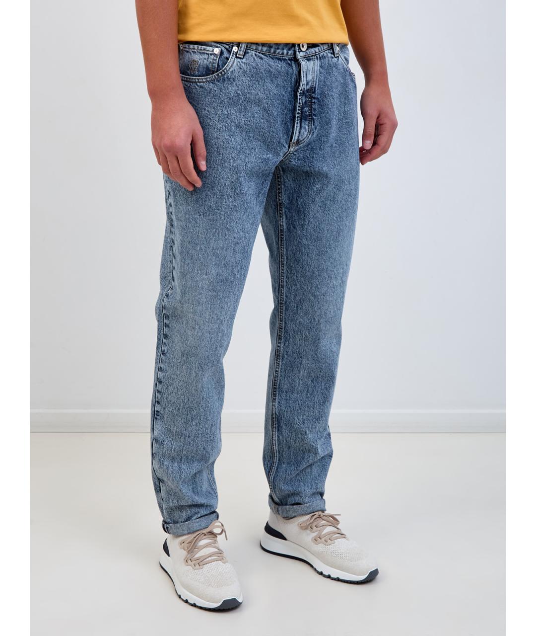 BRUNELLO CUCINELLI Голубые хлопковые прямые джинсы, фото 3