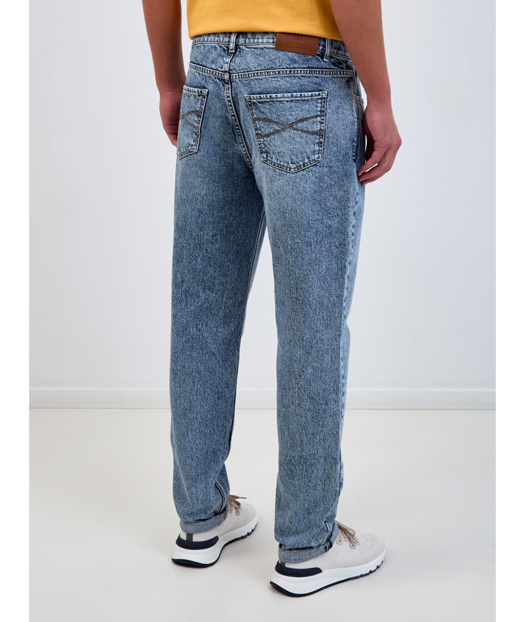 BRUNELLO CUCINELLI Голубые хлопковые прямые джинсы, фото 4