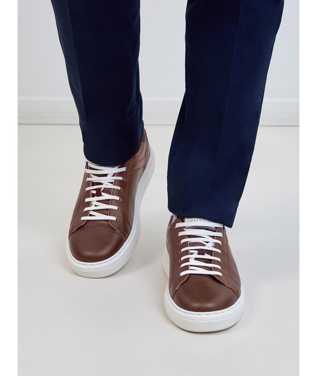 BRUNELLO CUCINELLI Коричневые кожаные низкие кроссовки / кеды, фото 2