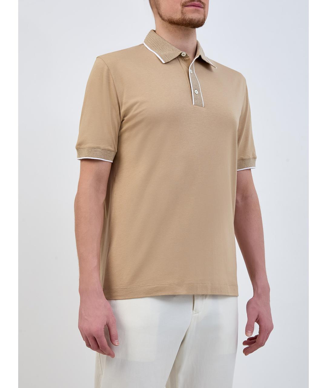 CANALI Бежевое хлопковое поло с коротким рукавом, фото 3