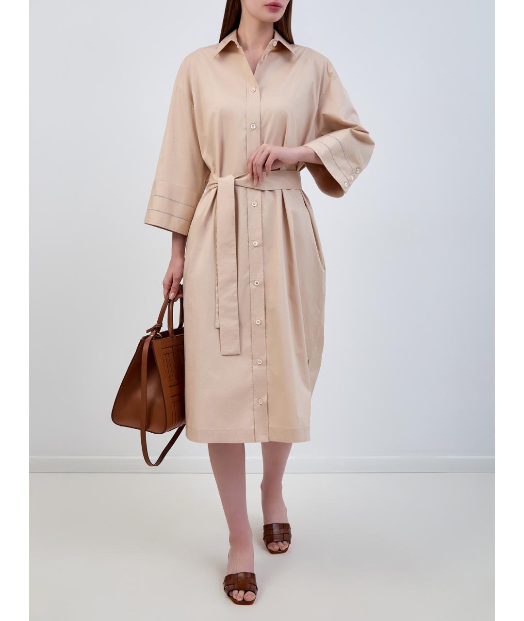 PESERICO Бежевое хлопковое повседневное платье, фото 2