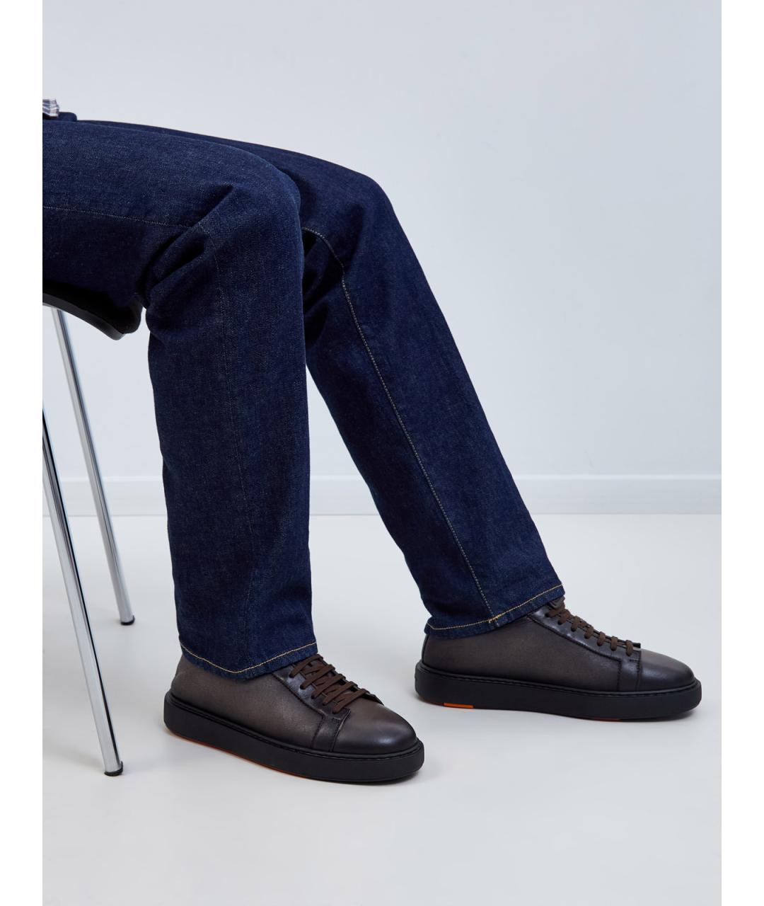SANTONI Коричневые кожаные низкие кроссовки / кеды, фото 2