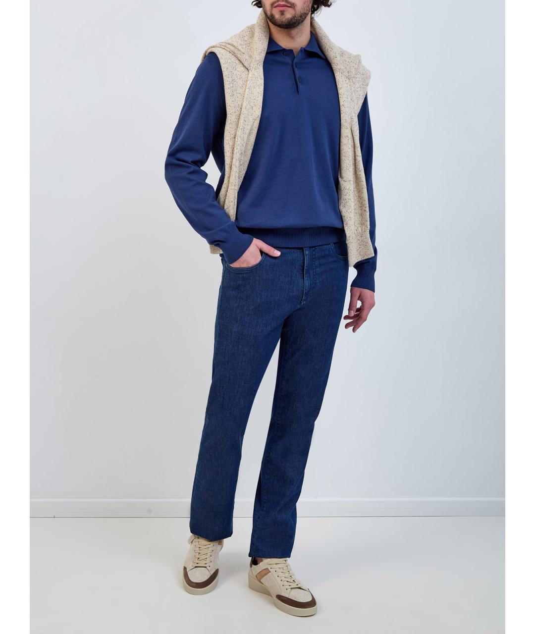 CANALI Синее хлопковое поло с длинным рукавом, фото 2