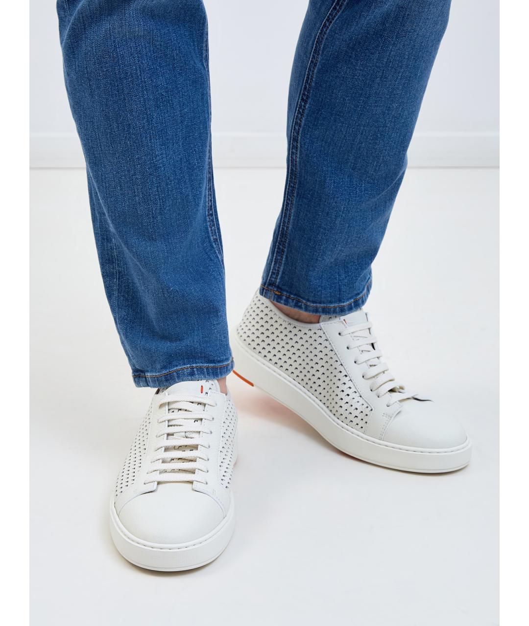 SANTONI Белые кожаные низкие кроссовки / кеды, фото 2