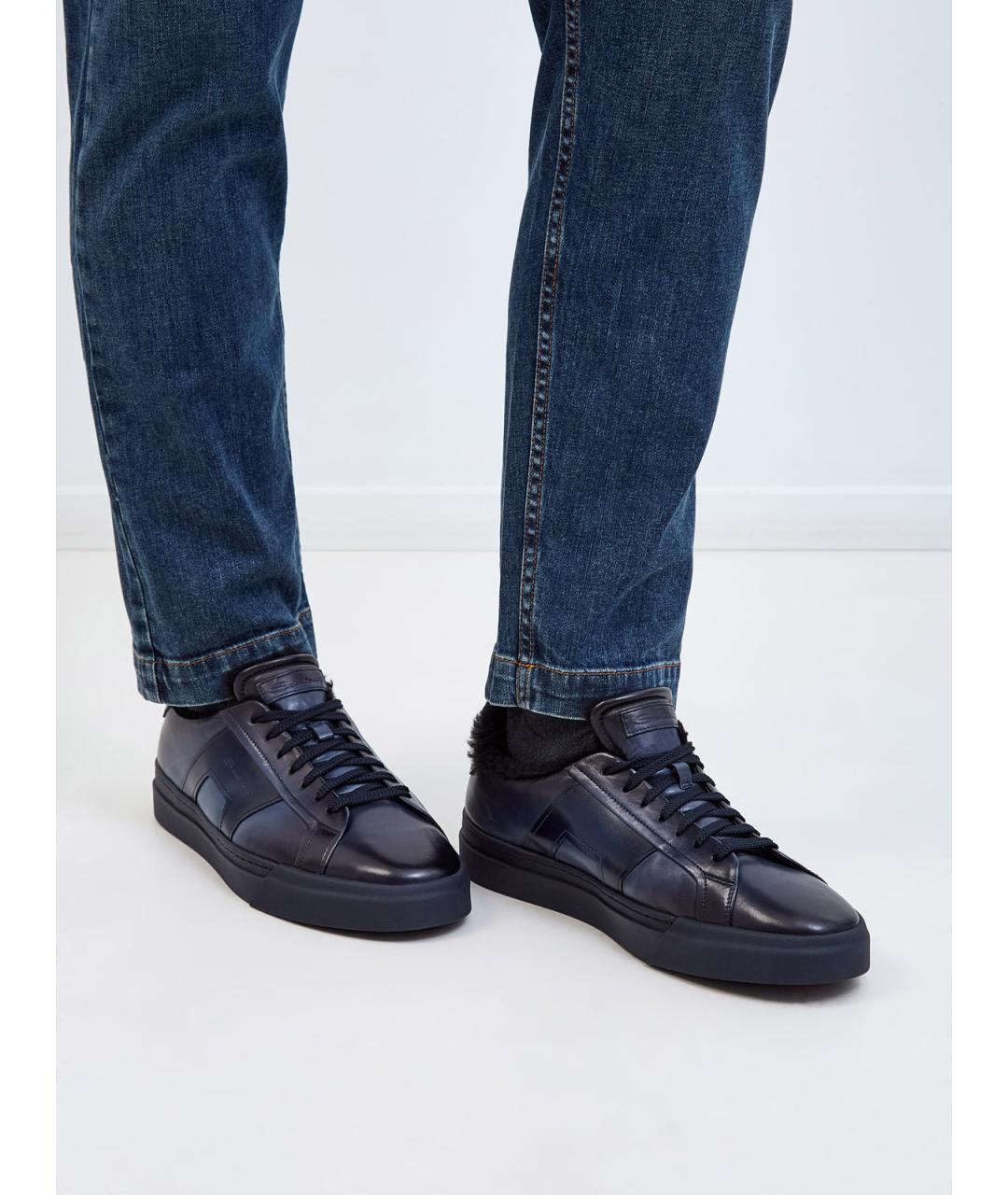 SANTONI Синие кожаные низкие кроссовки / кеды, фото 2