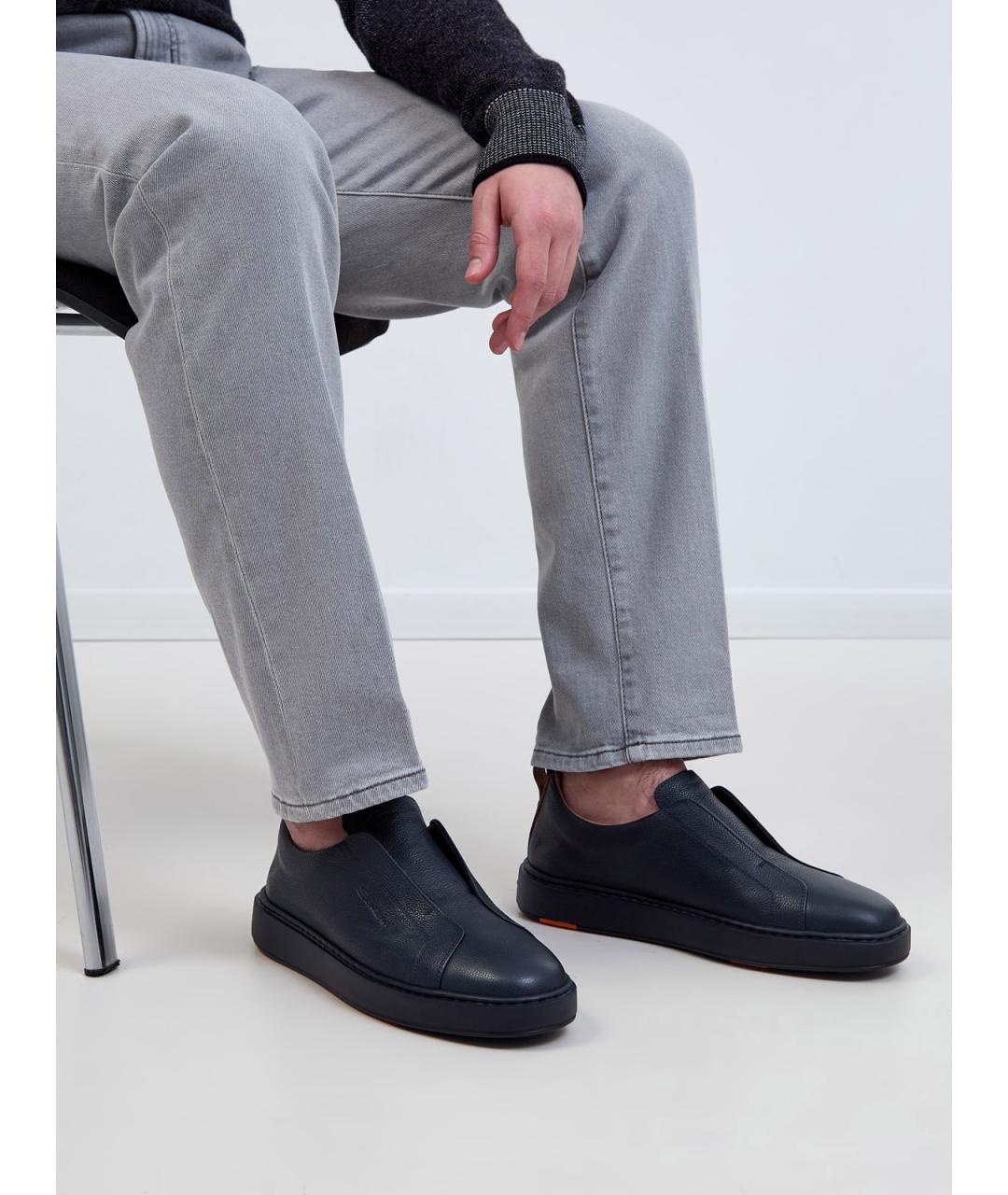 SANTONI Темно-синие кожаные низкие кроссовки / кеды, фото 2