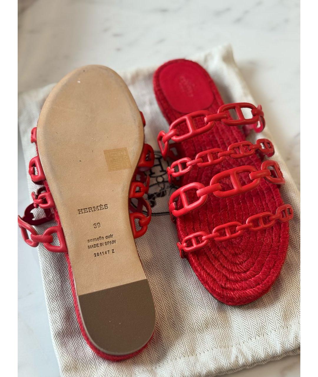 HERMES Красные кожаные шлепанцы, фото 5