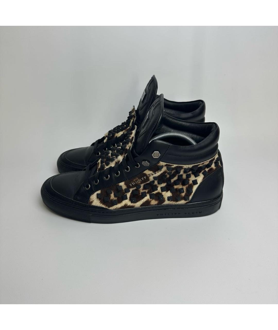 PHILIPP PLEIN Черные кожаные высокие кроссовки / кеды, фото 5