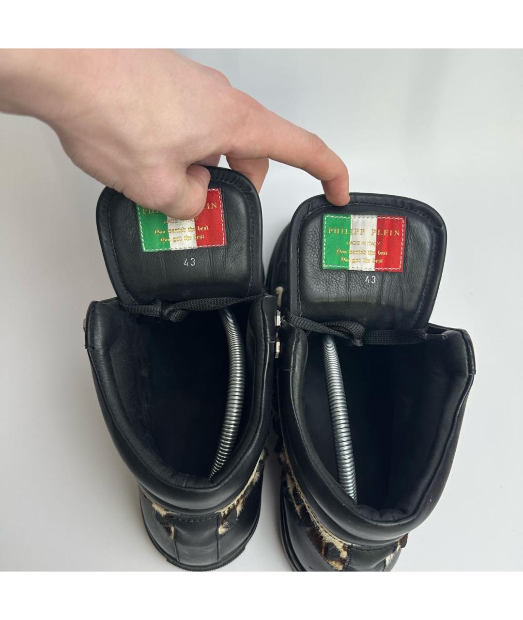 PHILIPP PLEIN Черные кожаные высокие кроссовки / кеды, фото 4