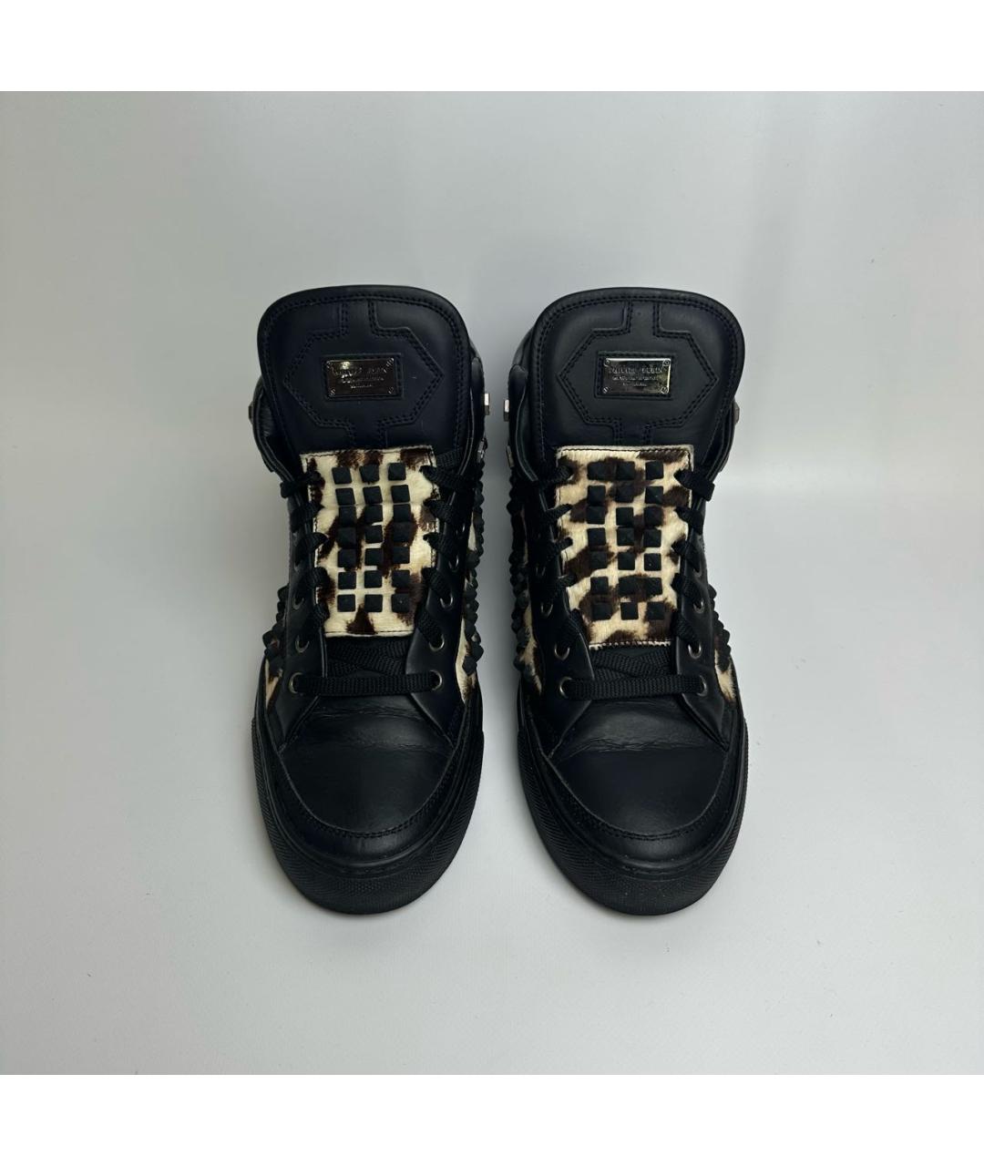 PHILIPP PLEIN Черные кожаные высокие кроссовки / кеды, фото 2