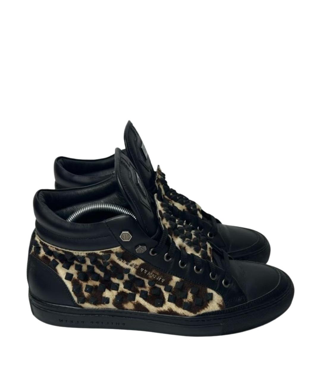 PHILIPP PLEIN Черные кожаные высокие кроссовки / кеды, фото 1