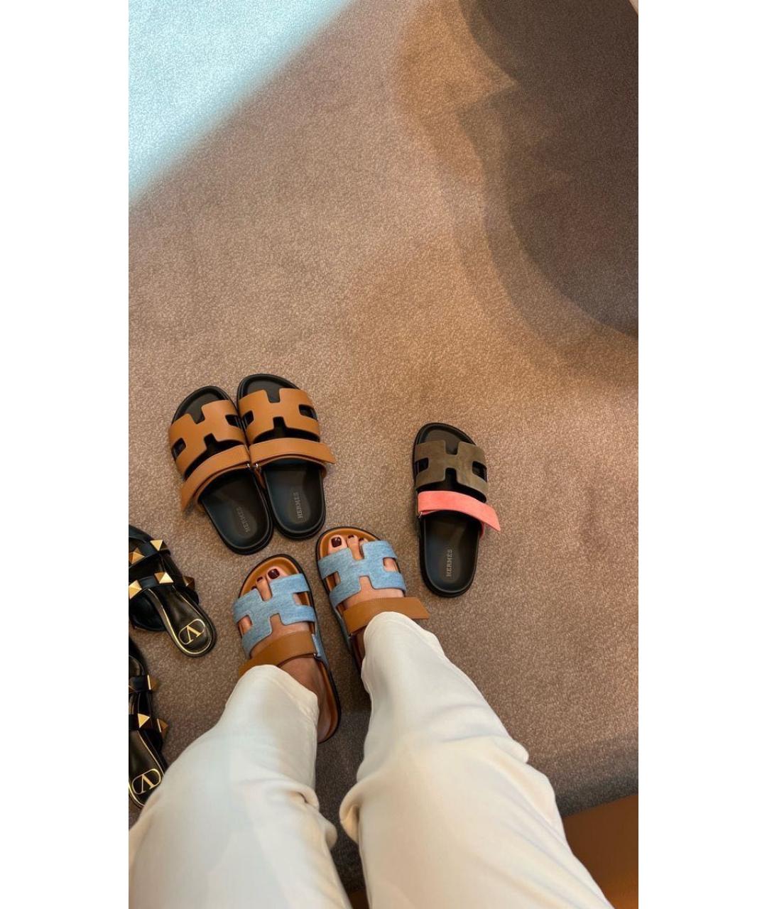 HERMES Коричневые кожаные шлепанцы, фото 4