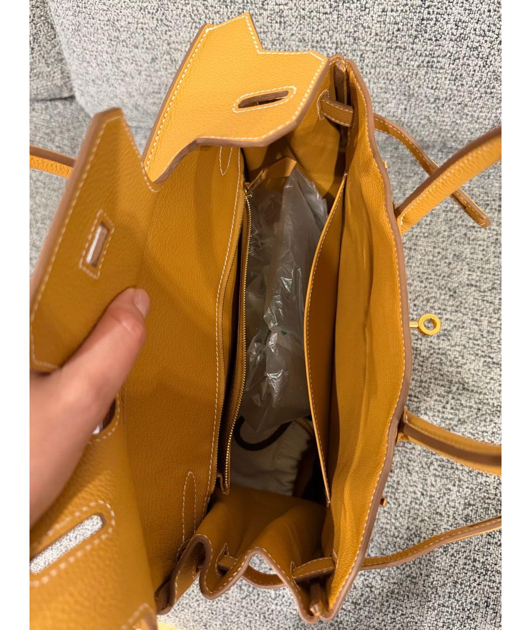 HERMES Горчичная кожаная сумка с короткими ручками, фото 4