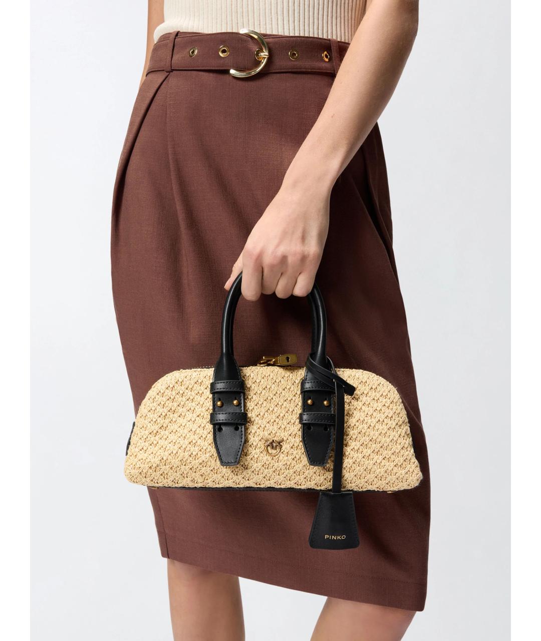PINKO Бежевая пелетеная сумка с короткими ручками, фото 3