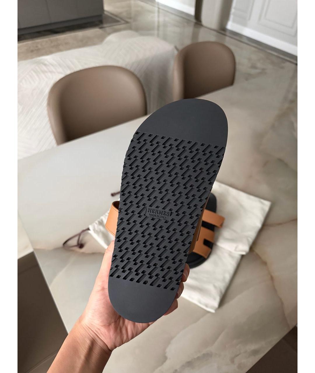 HERMES Коричневые кожаные шлепанцы, фото 3