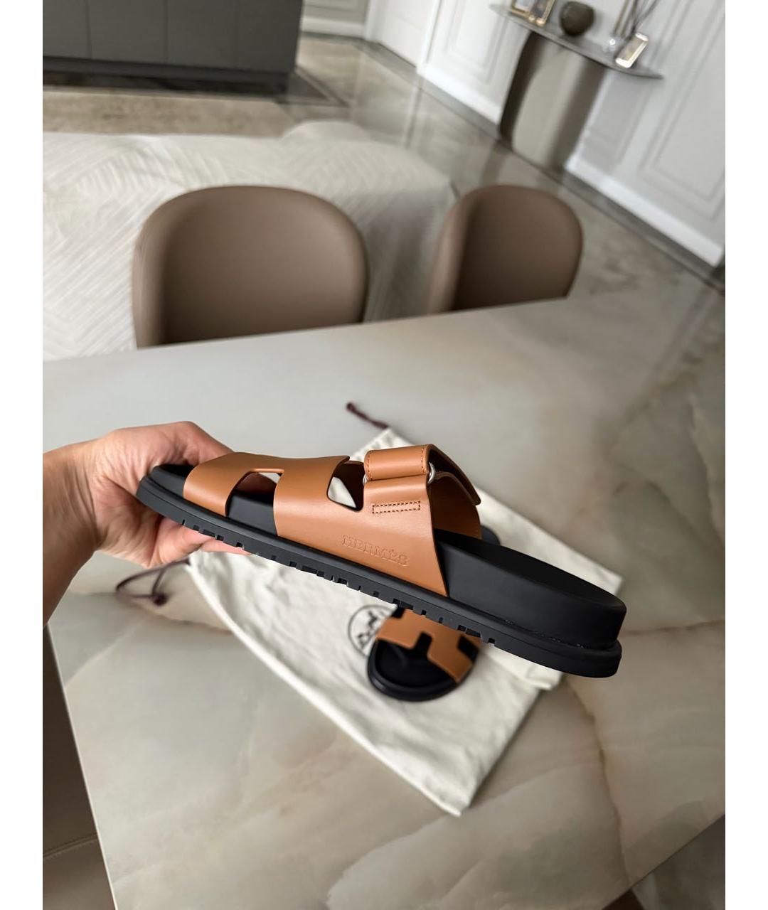 HERMES Коричневые кожаные шлепанцы, фото 5