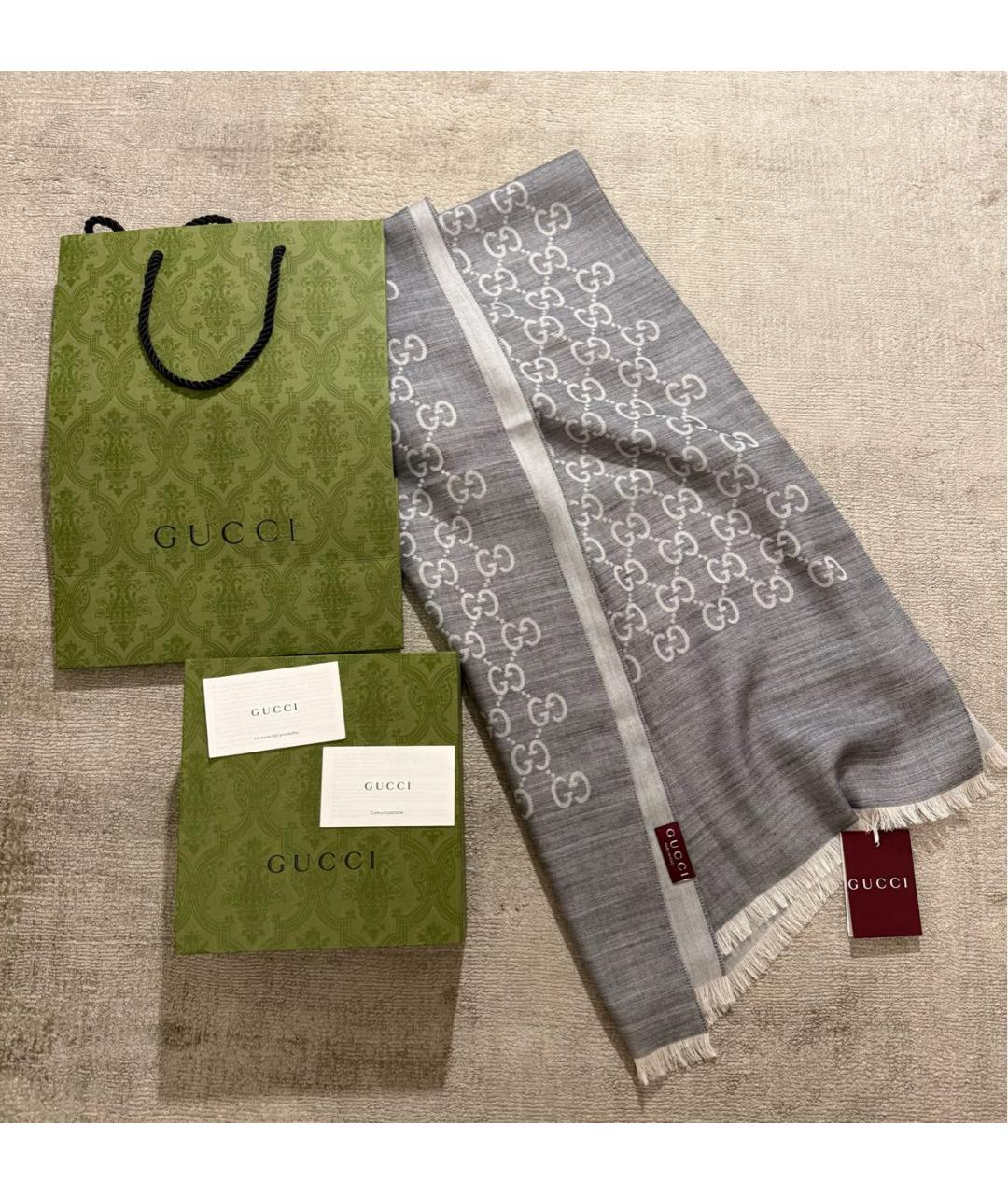 GUCCI Серый шерстяной шарф, фото 8