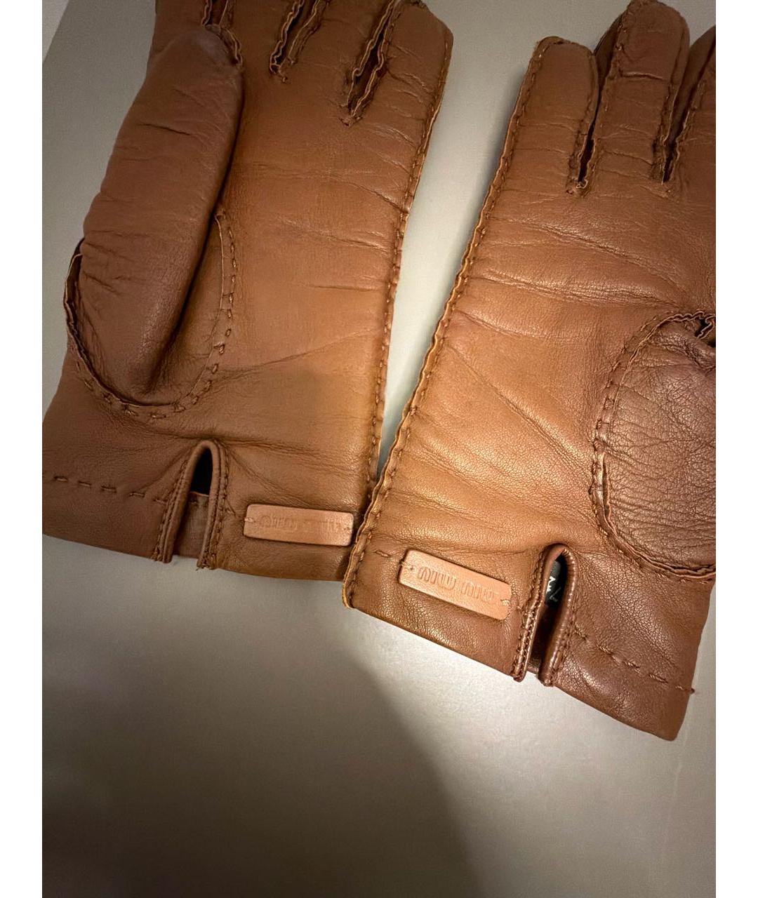 MIU MIU Коричневые кожаные перчатки, фото 3