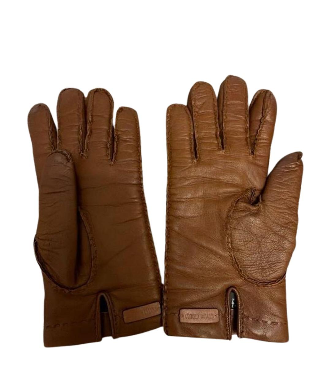 MIU MIU Коричневые кожаные перчатки, фото 1