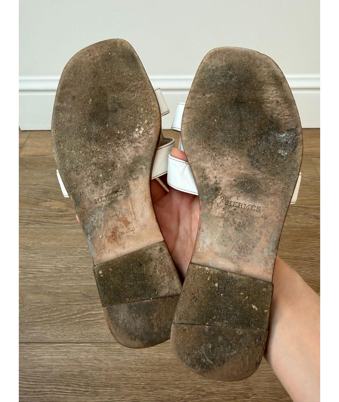 HERMES Белые кожаные шлепанцы, фото 5