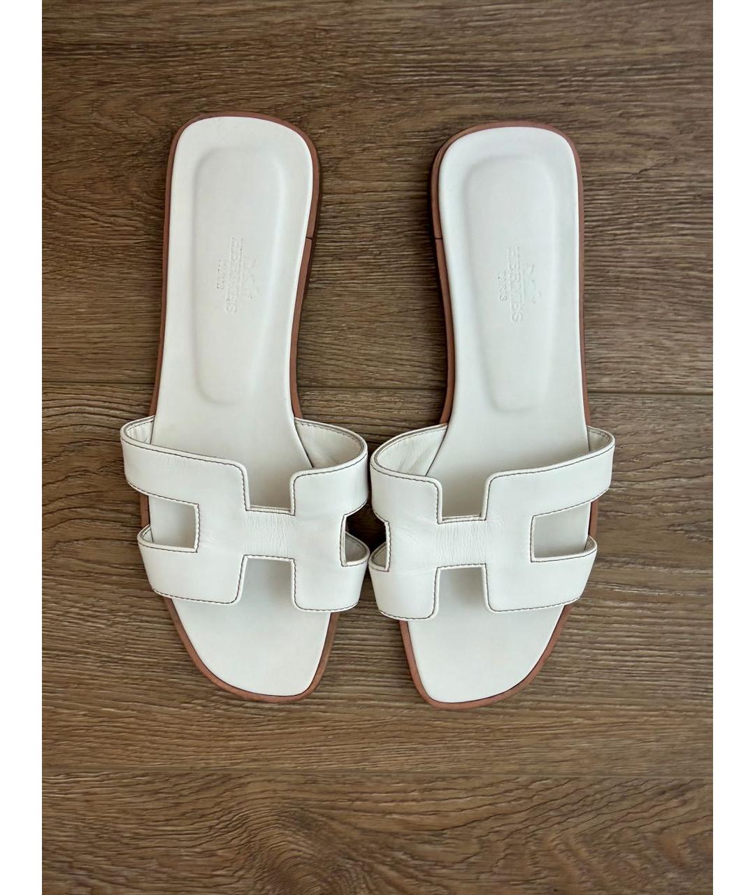 HERMES Белые кожаные шлепанцы, фото 3