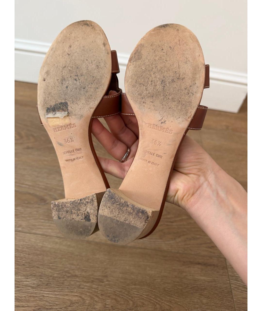 HERMES Коричневые кожаные шлепанцы, фото 5