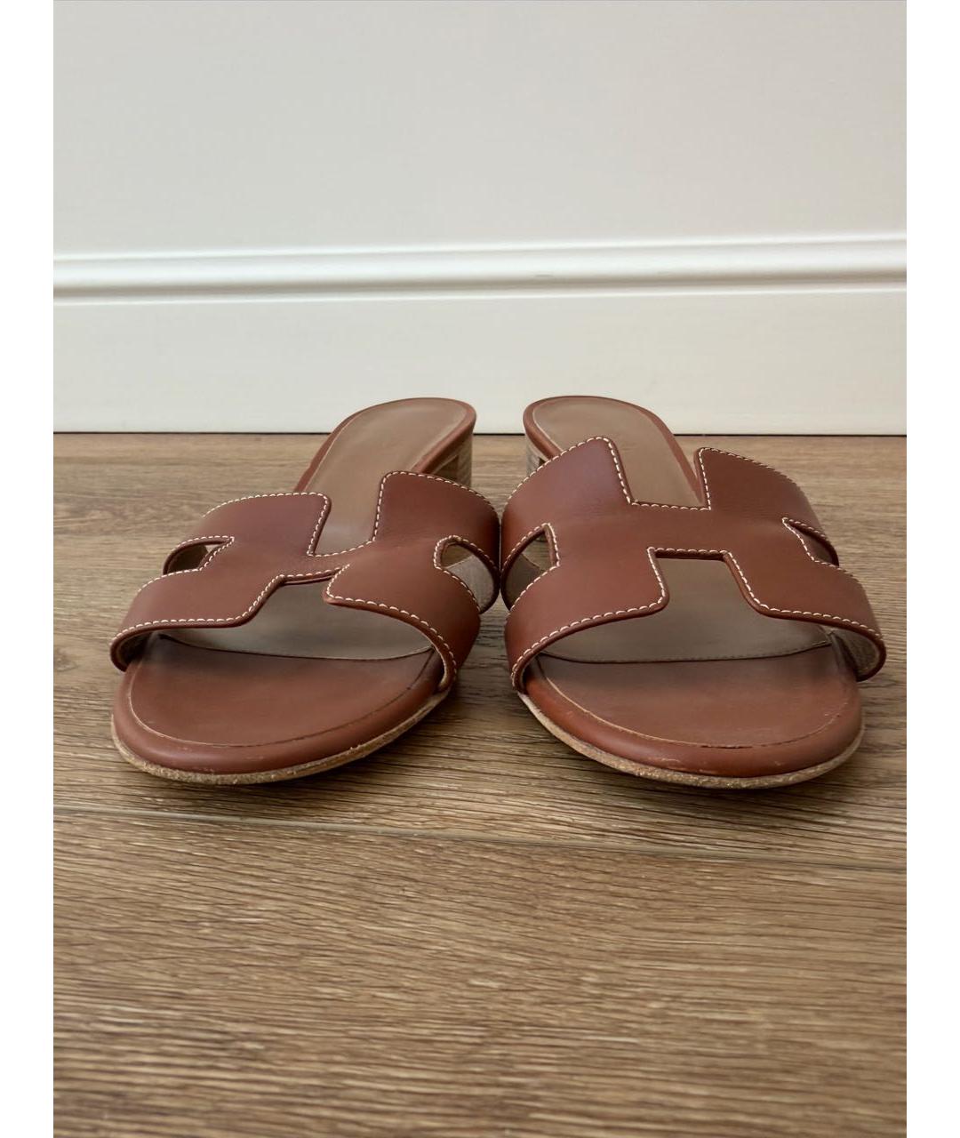 HERMES Коричневые кожаные шлепанцы, фото 2