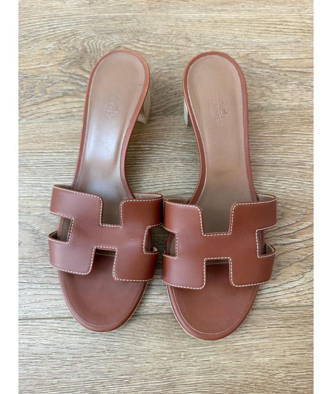 HERMES Коричневые кожаные шлепанцы, фото 3