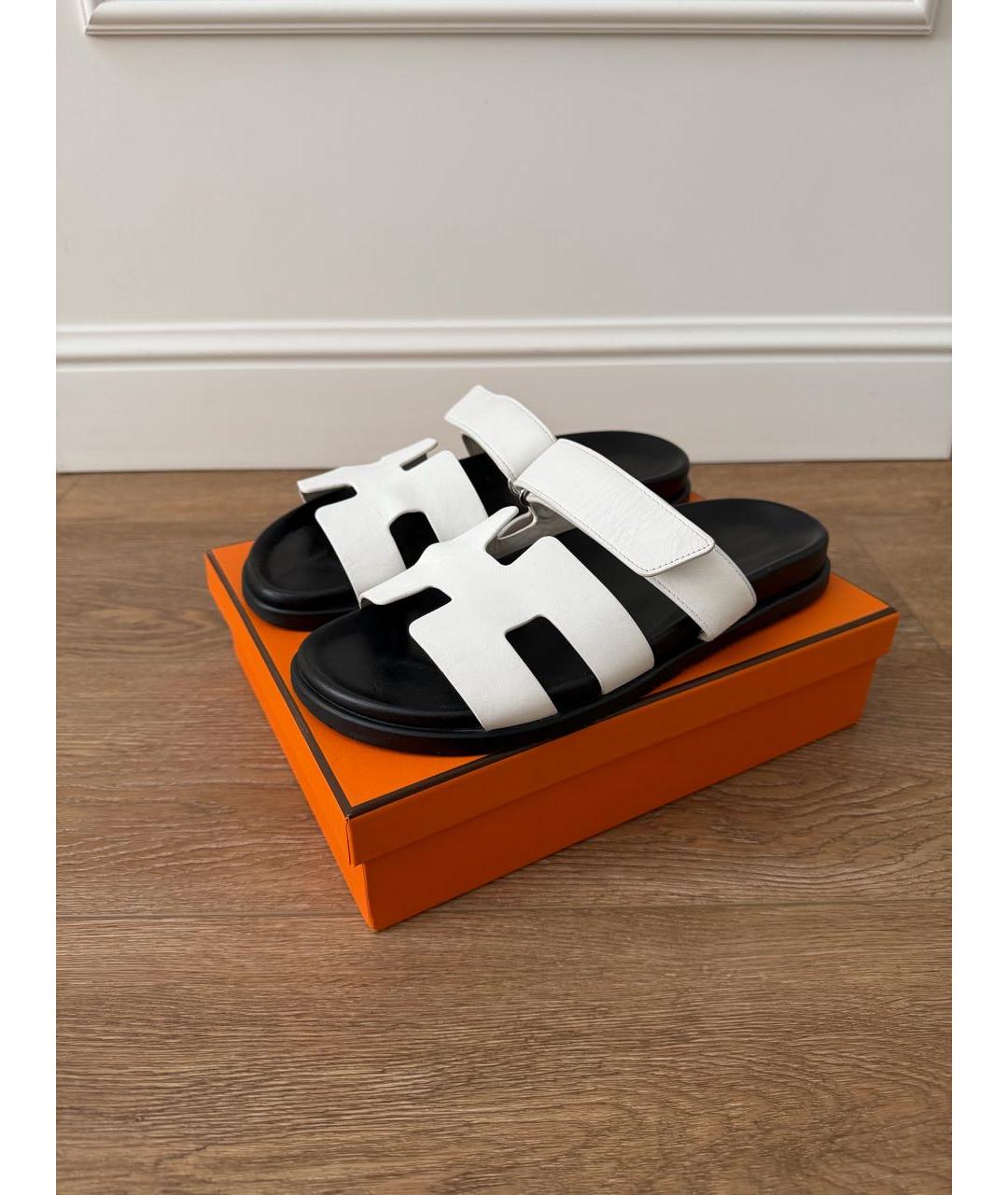 HERMES Белые кожаные шлепанцы, фото 6