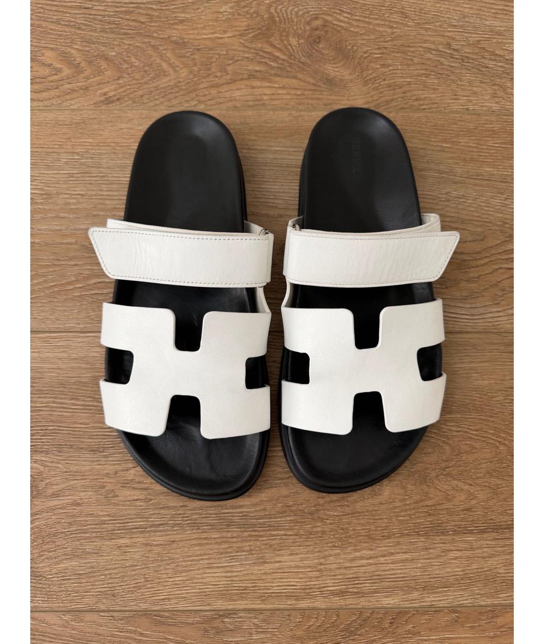 HERMES Белые кожаные шлепанцы, фото 3