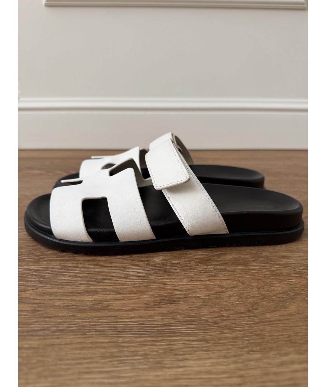 HERMES Белые кожаные шлепанцы, фото 7