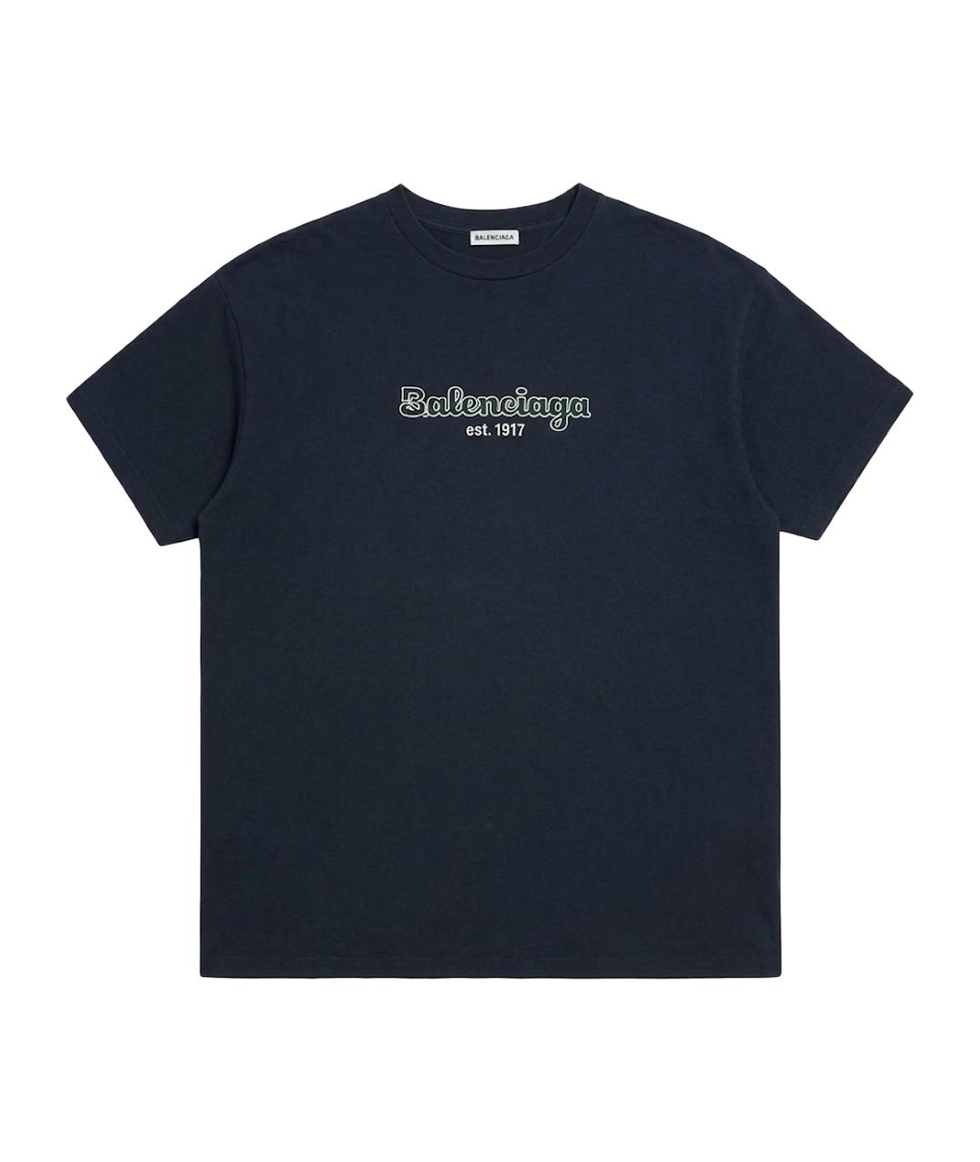 BALENCIAGA Темно-синяя хлопковая футболка, фото 1