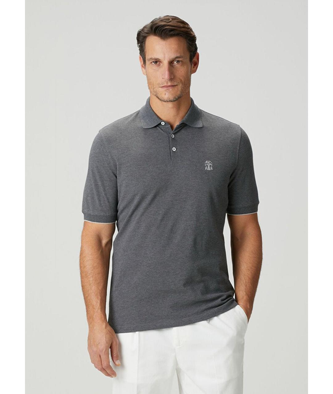 BRUNELLO CUCINELLI Серое хлопковое поло с коротким рукавом, фото 2