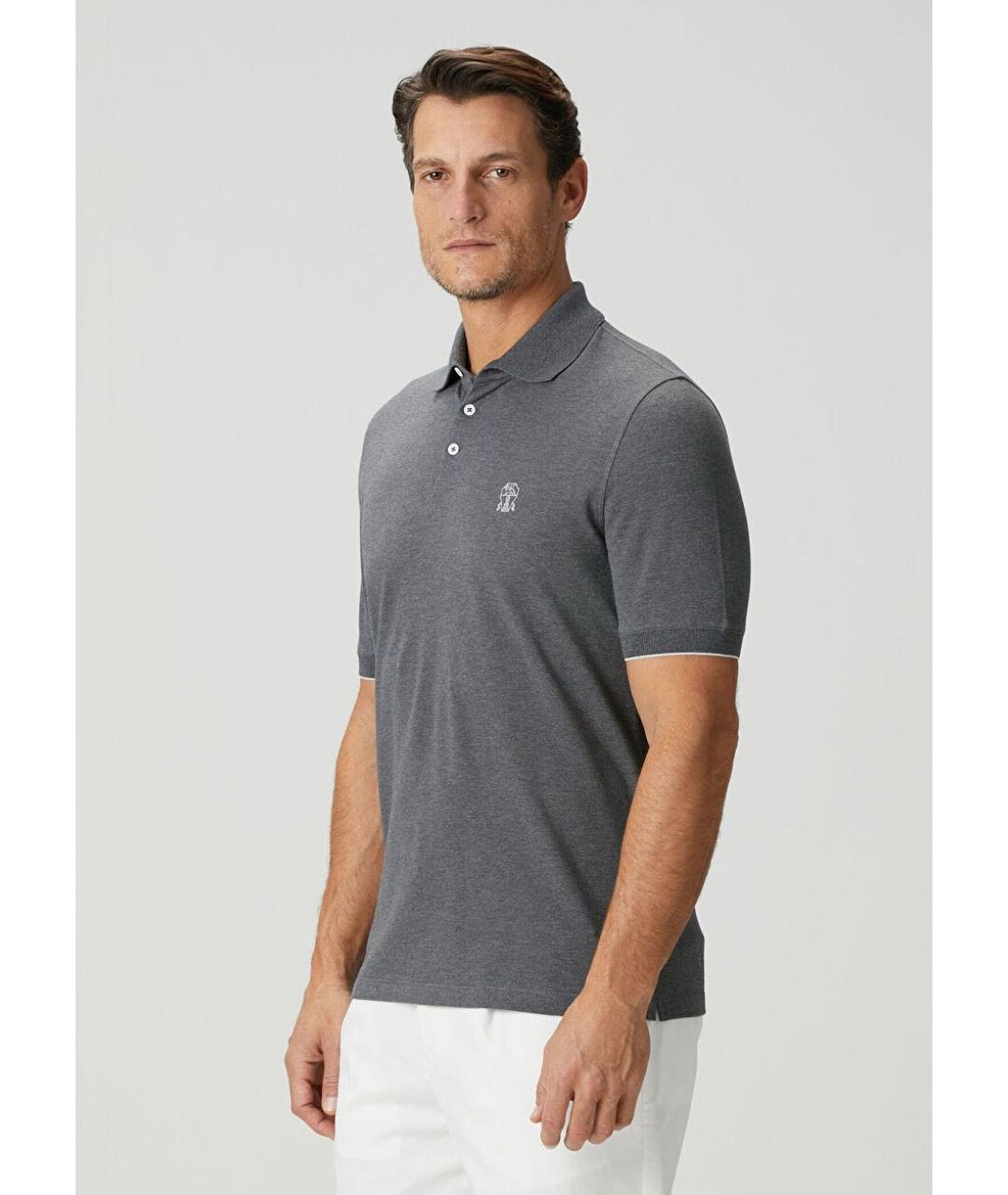 BRUNELLO CUCINELLI Серое хлопковое поло с коротким рукавом, фото 3