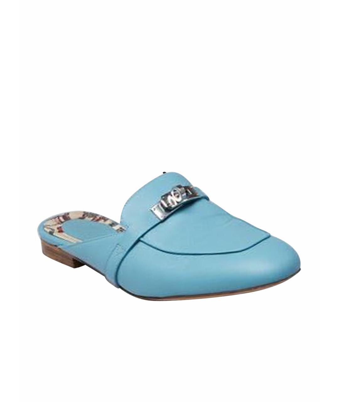 HERMES Бирюзовые кожаные мюли, фото 1