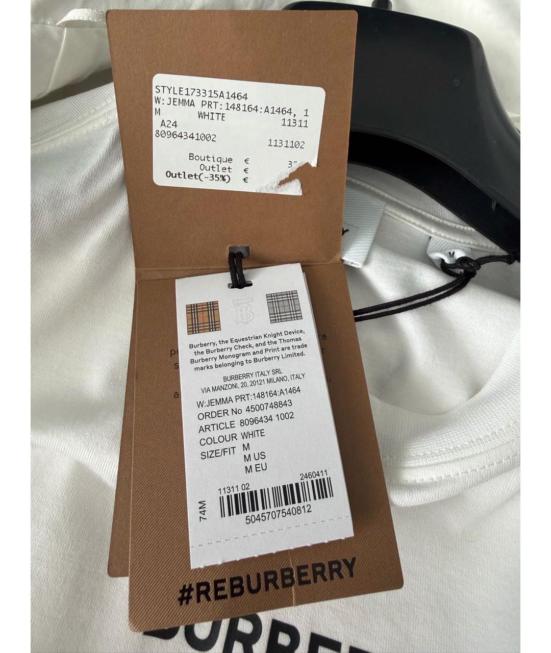 BURBERRY Белая хлопковая футболка, фото 5