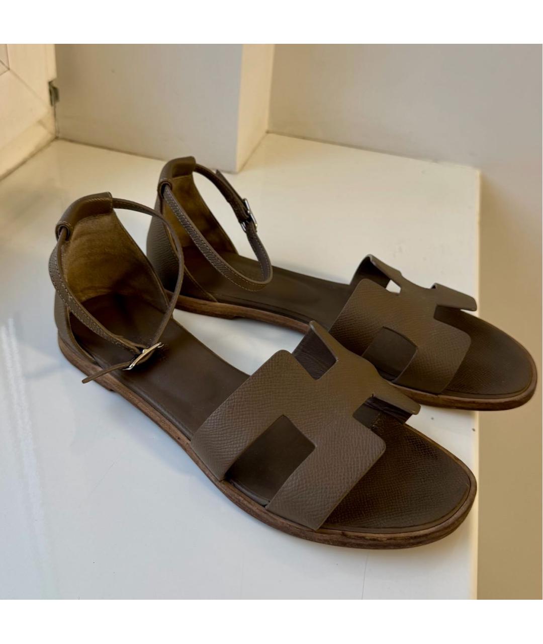 HERMES Коричневые кожаные босоножки, фото 6
