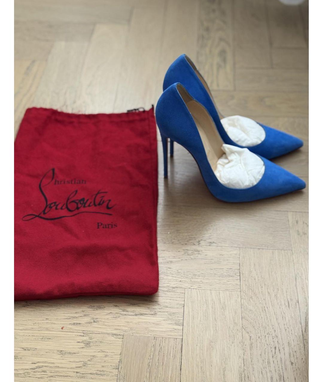 CHRISTIAN LOUBOUTIN Синие замшевые лодочки на низком каблуке, фото 3