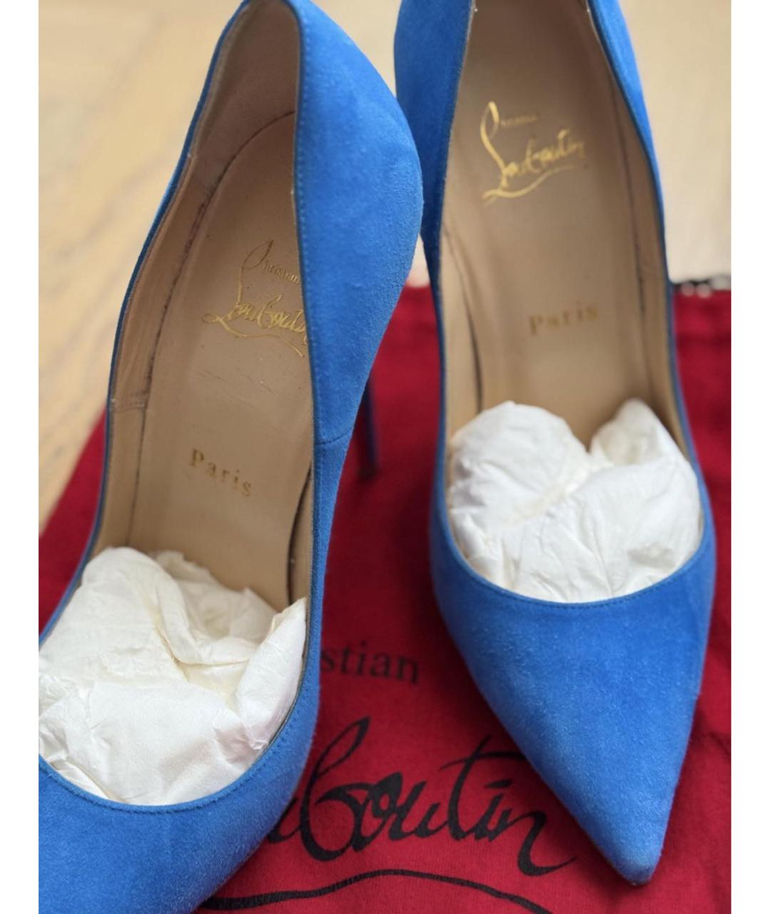 CHRISTIAN LOUBOUTIN Синие замшевые лодочки на низком каблуке, фото 4