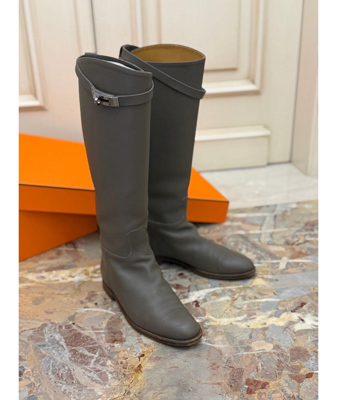 HERMES Хаки кожаные сапоги, фото 2