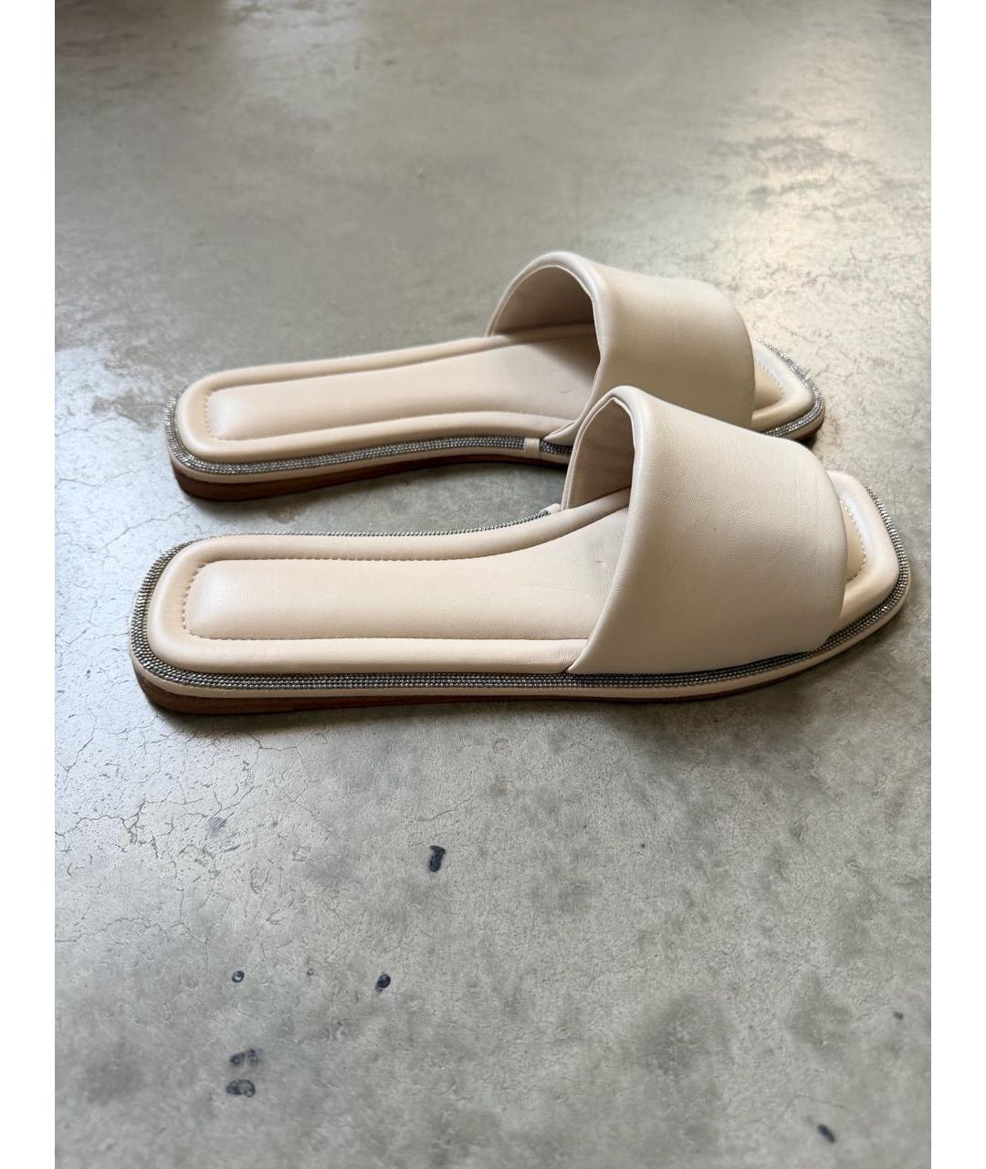 BRUNELLO CUCINELLI Бежевые кожаные шлепанцы, фото 5