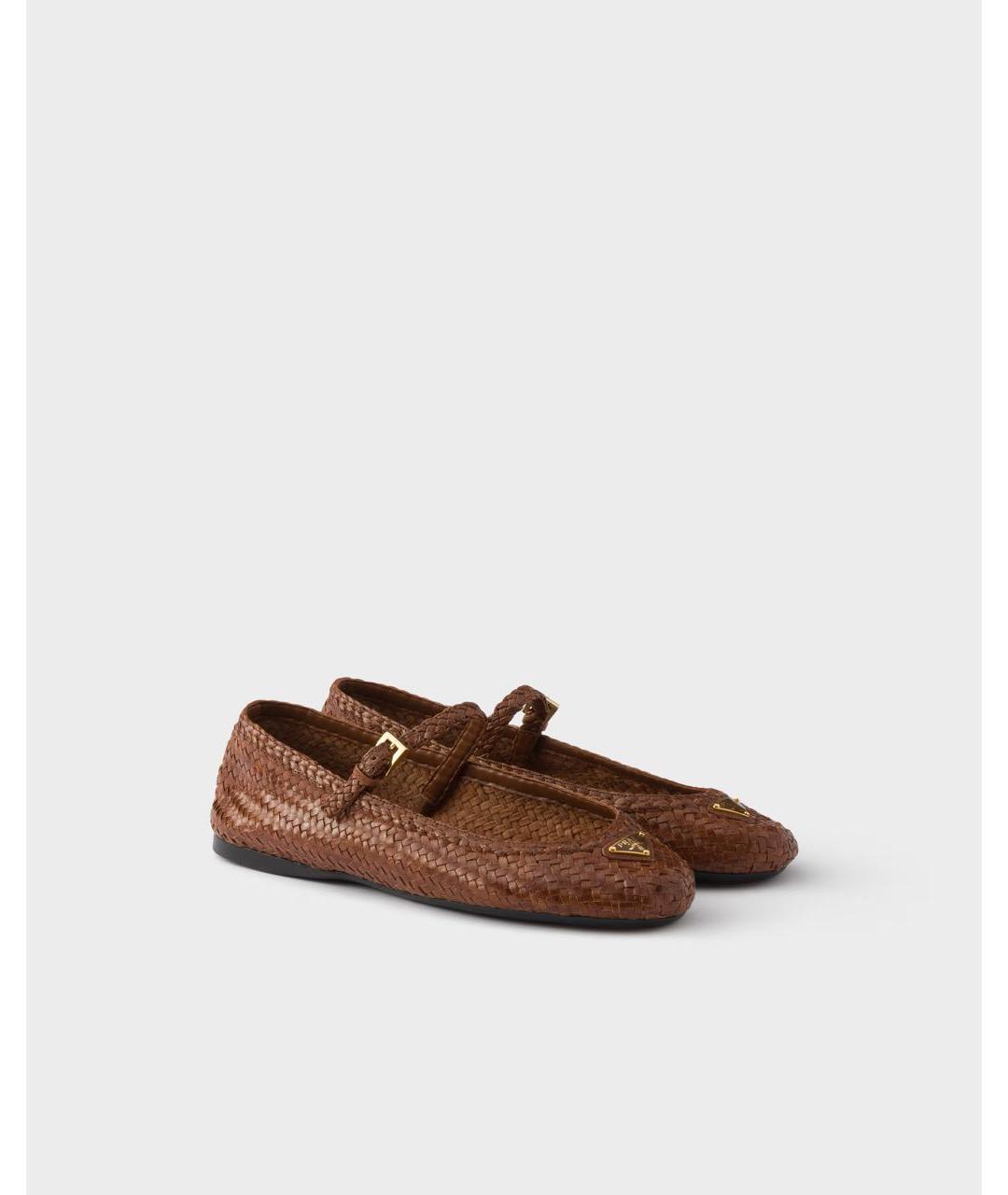 PRADA Коричневые кожаные лодочки на низком каблуке, фото 2