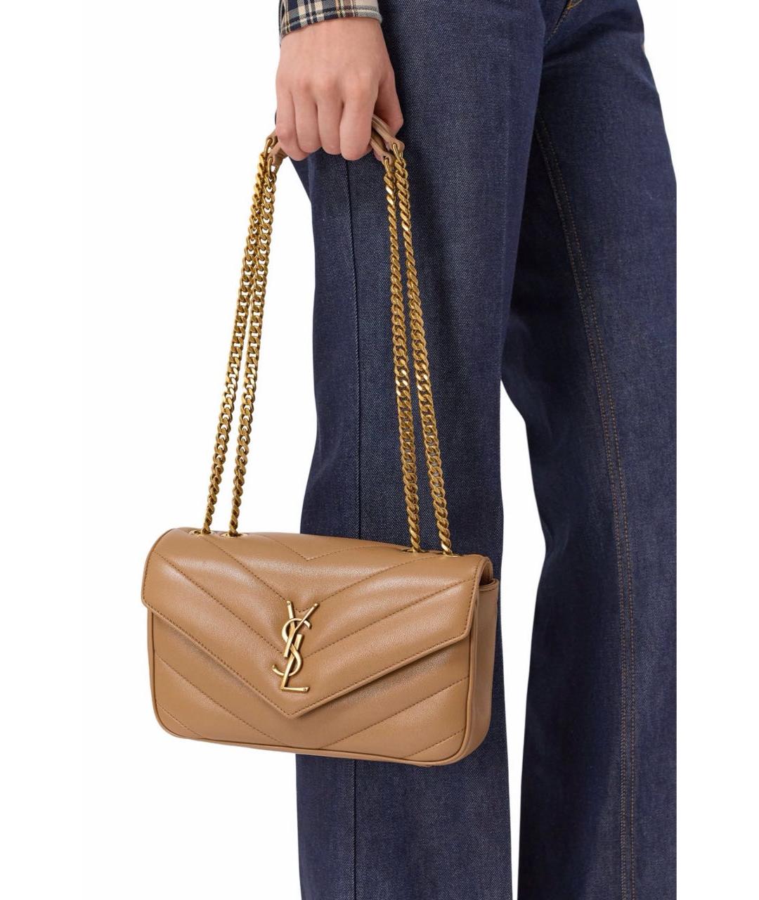 SAINT LAURENT Бежевая кожаная сумка с короткими ручками, фото 2