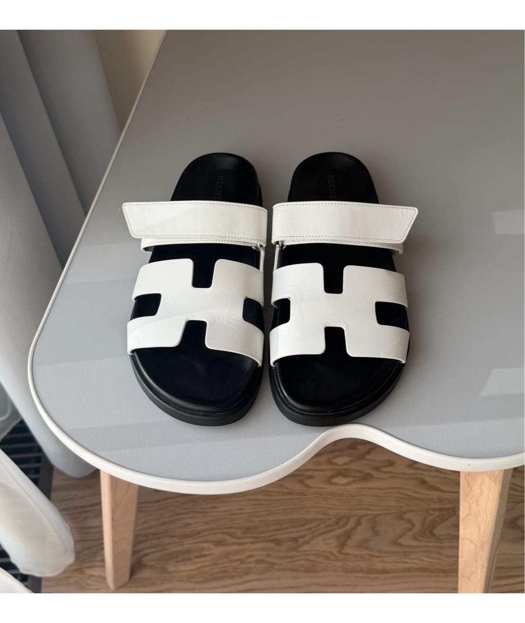 HERMES Белые кожаные шлепанцы, фото 2