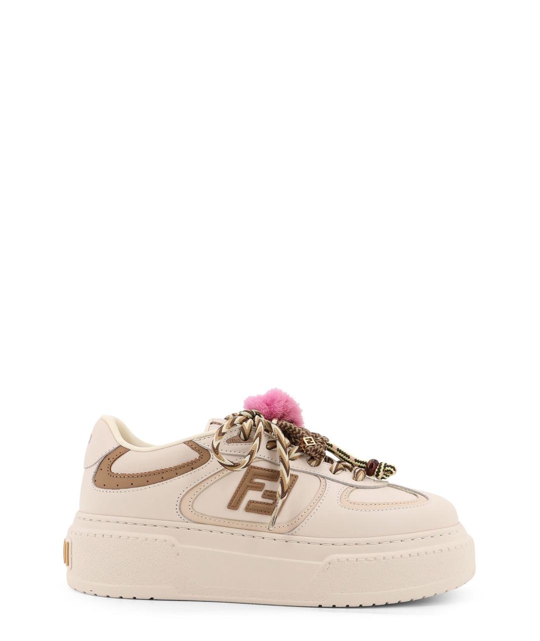 FENDI Бежевые кожаные кеды, фото 1