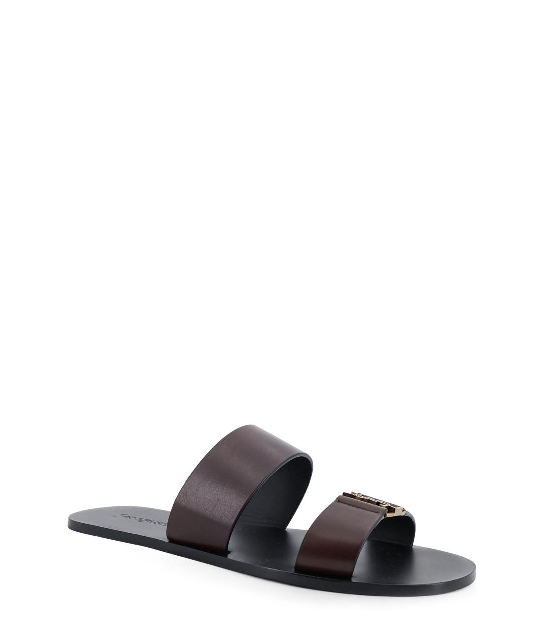 SAINT LAURENT Коричневые кожаные шлепанцы, фото 2