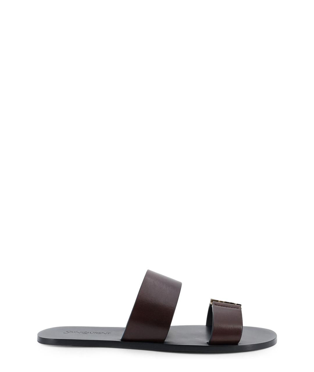 SAINT LAURENT Коричневые кожаные шлепанцы, фото 1