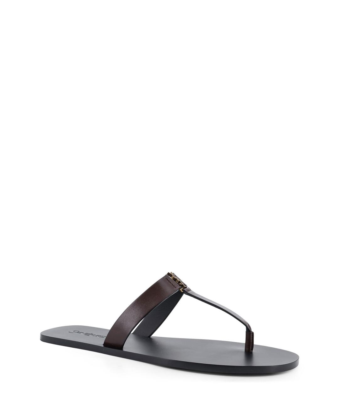 SAINT LAURENT Коричневые кожаные шлепанцы, фото 2