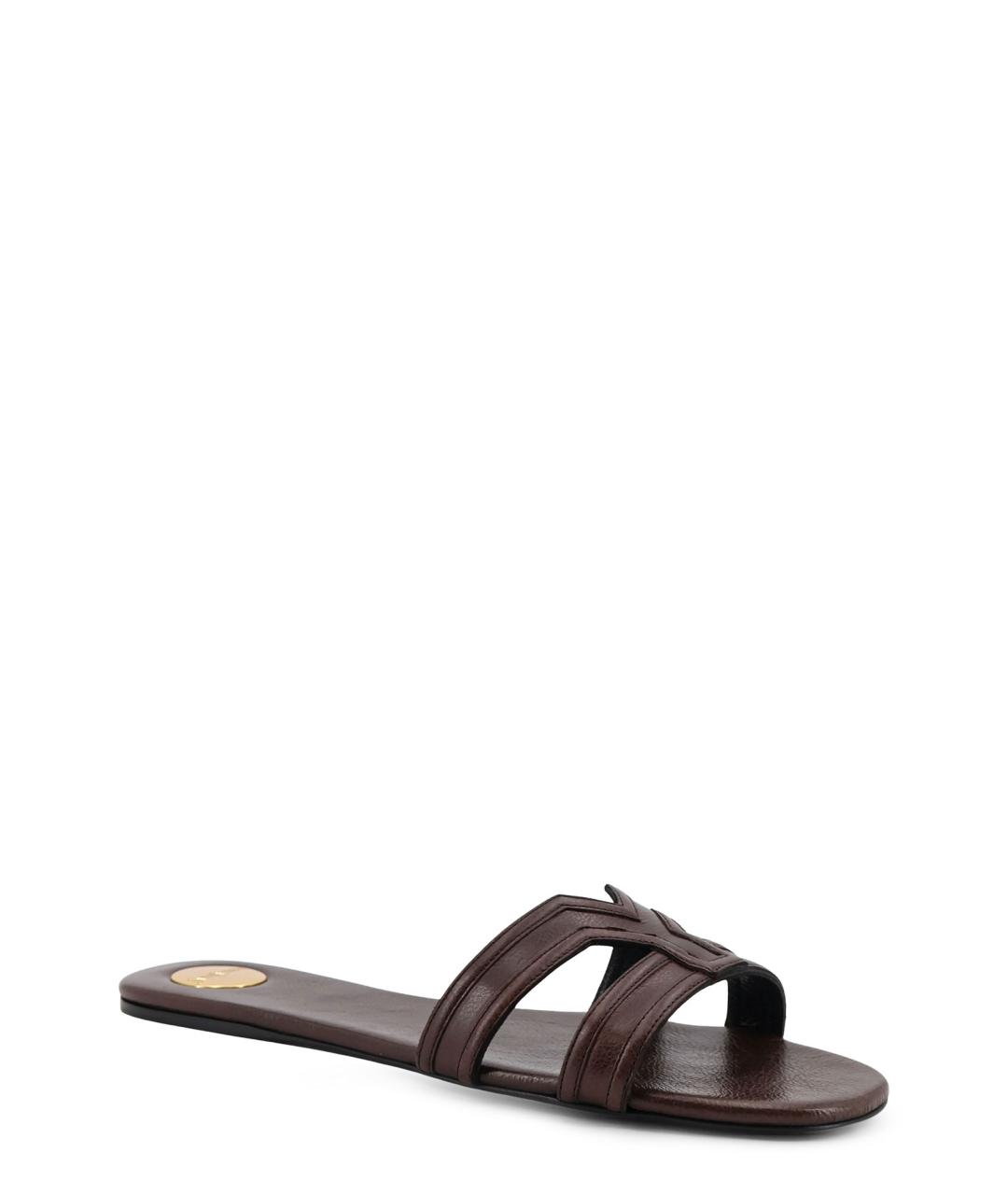 SAINT LAURENT Коричневые кожаные шлепанцы, фото 2