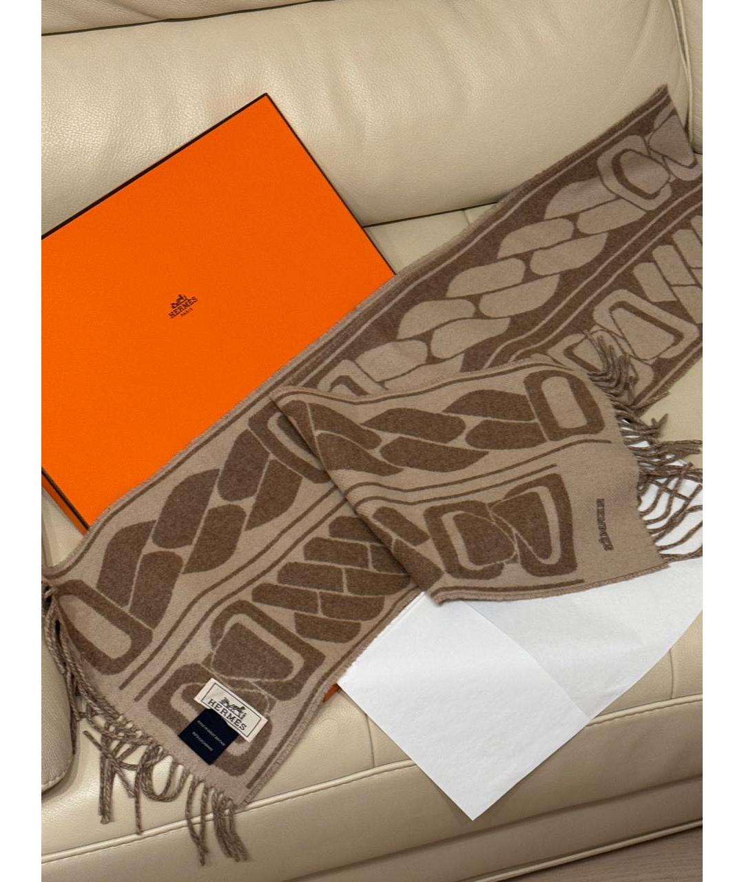 HERMES Коричневый кашемировый шарф, фото 6